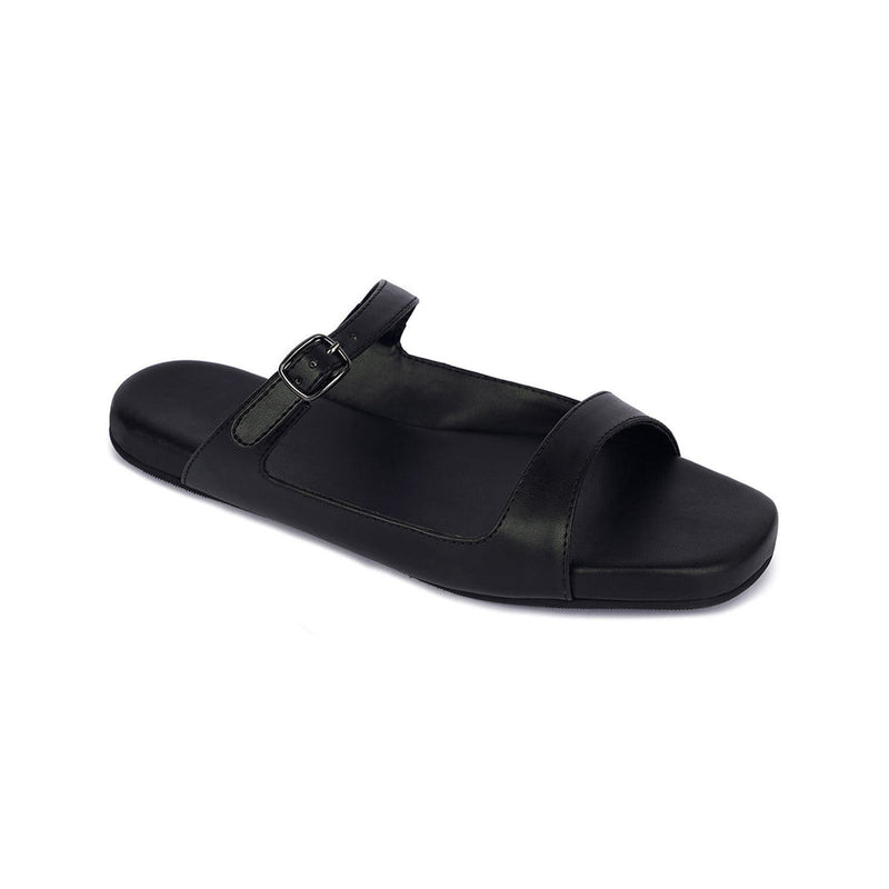 Eve Dual-Strap Vegan Leather Black Slides Women